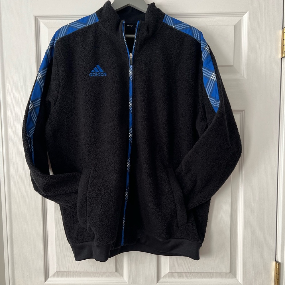 Adidas Black Jacket with Blue Plaid Accents